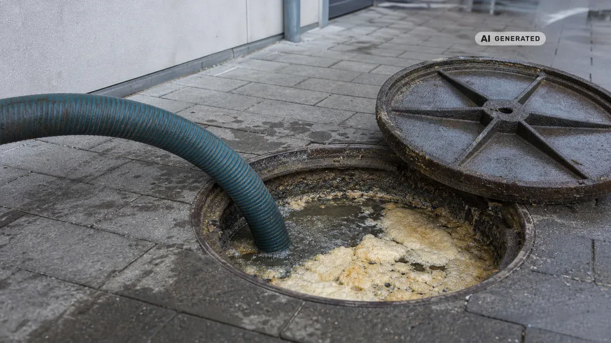 KI-generiertes Bild: Techniker mit Saugwagen bei der Wartung eines geöffneten Fettabscheiders vor einem Gewerbegebäude