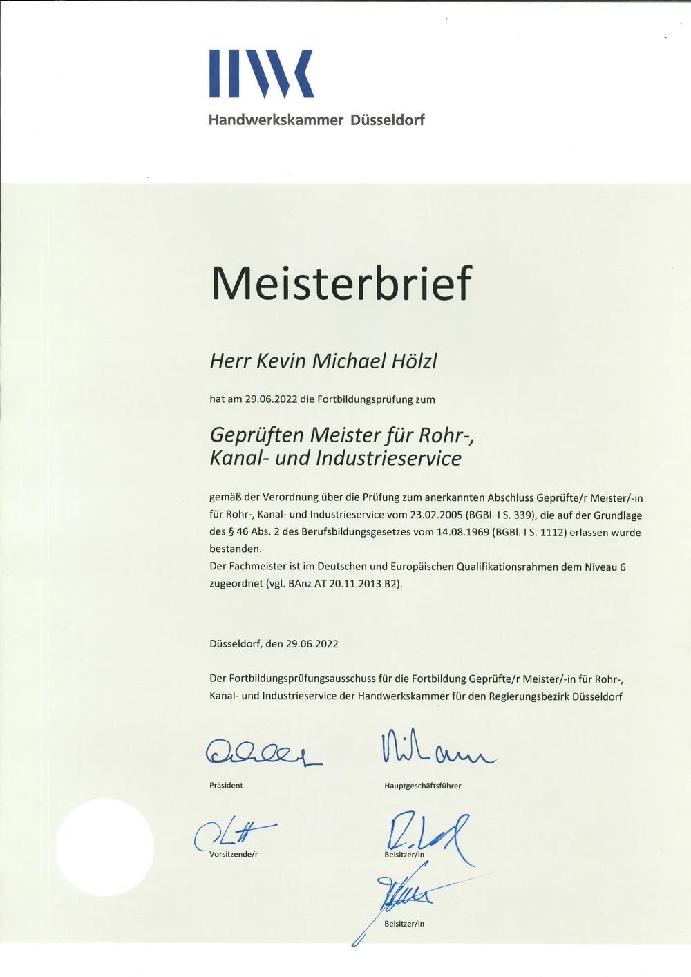 Meisterbrief Geprüfter Meister für Rohr-, Kanal- und Industrieservice, HWK Düsseldorf